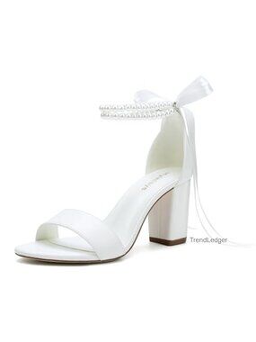 Pearl Open Toe Block Heel Sandals Faux Leather Wedding Shoes for Bride